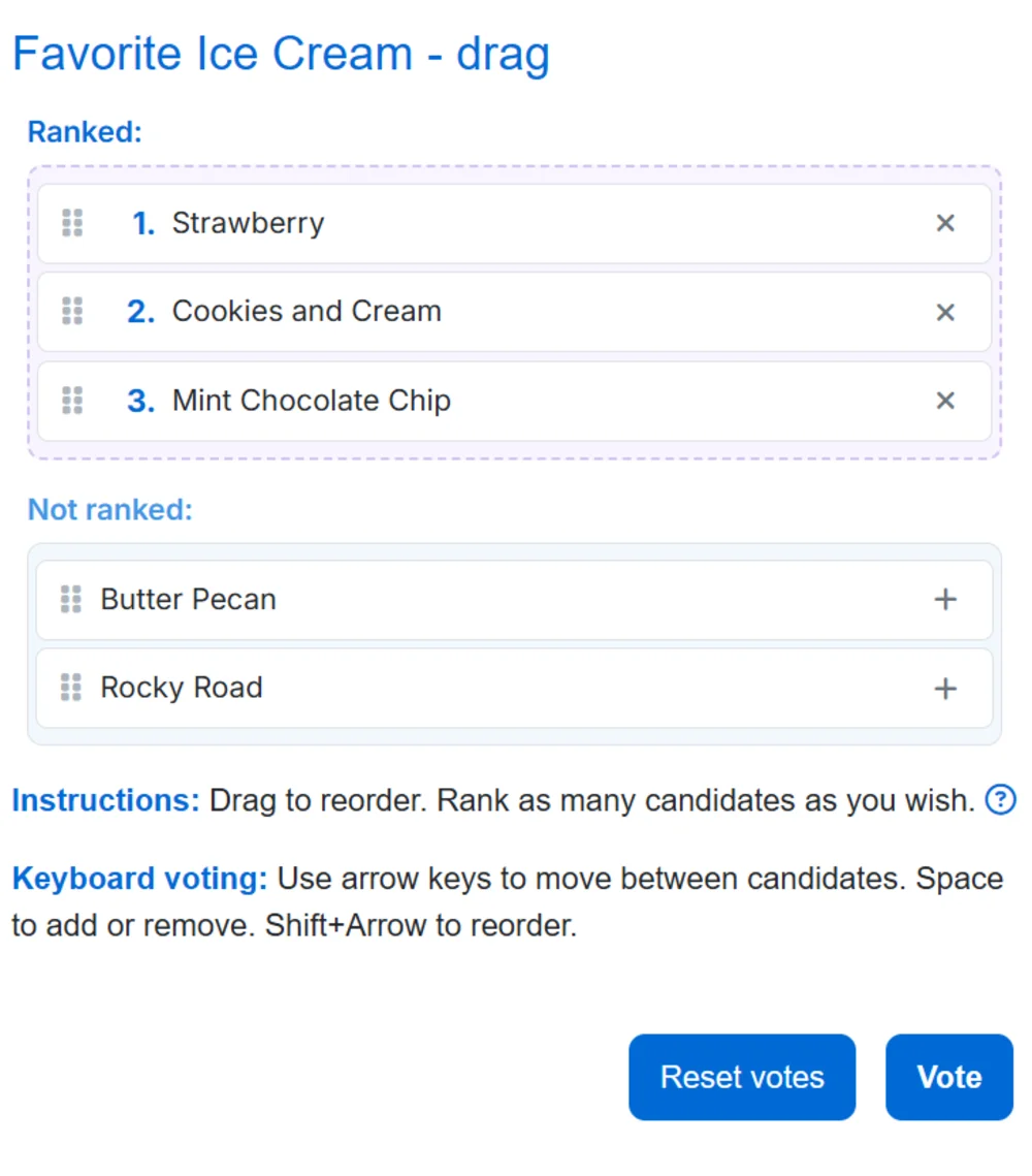 Drag and drop ballot with ranked and unranked candidate lists