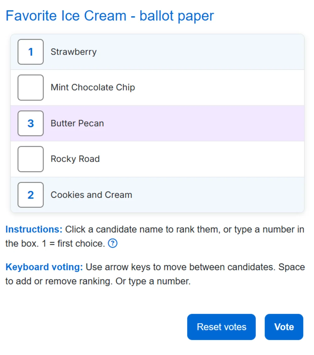 Ballot paper style with number input boxes next to candidate names