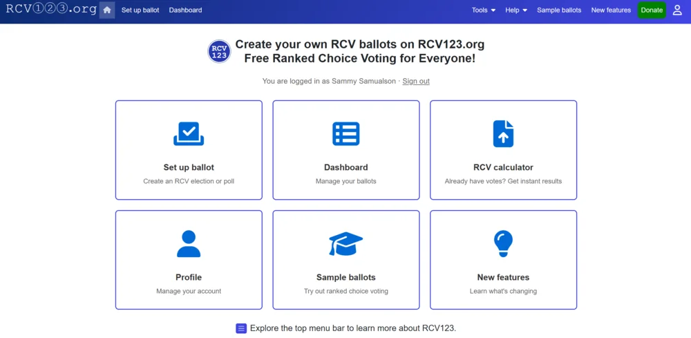 Logged-in home screen with six feature cards